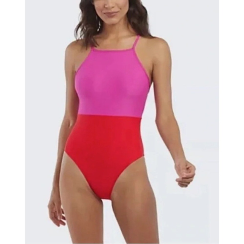 NWT Summersalt The Square Halter One Piece Swimsuit Pink Red Colorblock Size 8